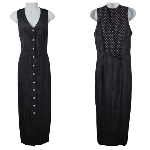 Vintage 90s Y2K Suit Pinstriped Button Down Midi Dress in Midnight Navy/Black - Picture 11 of 11